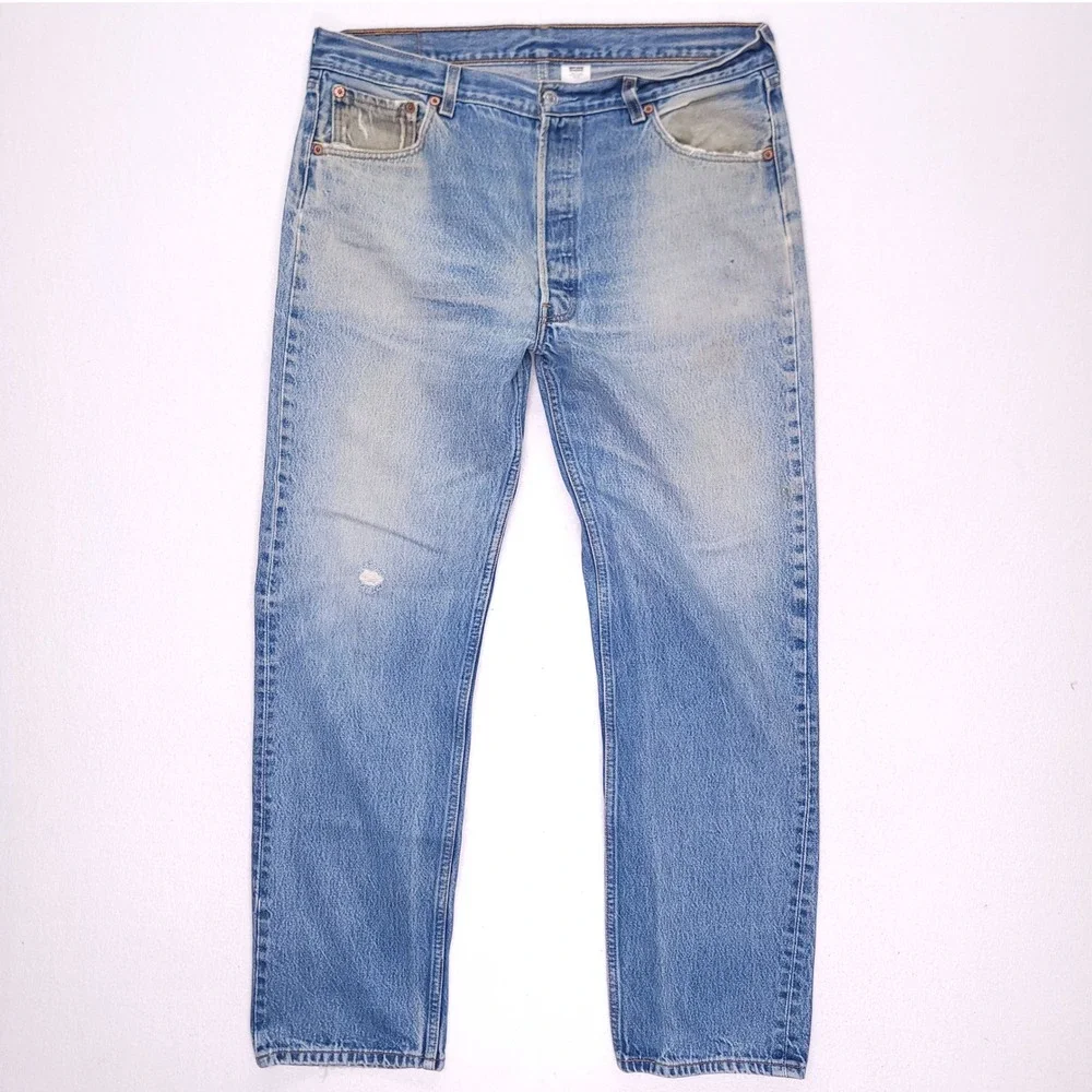 Vintage Levis 501 Mens Light Wash Distressed Straight Leg Button Fly Jeans 36x33